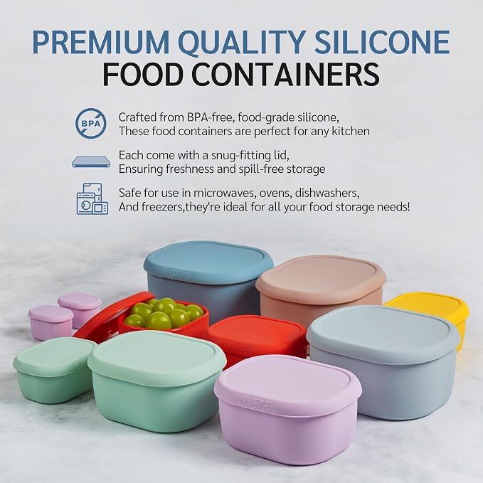 ISSEVE 6Pcs/Set Nesting Silicone Food Storage Containers with Lids, BPA Free Reusable Meal Prep Silicone Containers Lunch Box Bento Box Set (33.8oz, 20oz, 10oz, 6.7oz, 1.3oz) (Red)