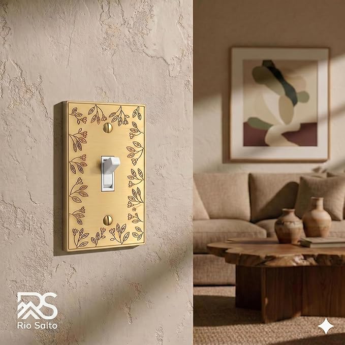 Rio Salto Floral Collection Brushed Brass Gold 1-Gang Toggle Flip Switch Wall Plates, Midsize 5" x 3.13" Metal Light Switch Plate, Decorative Wall Outlet Covers, Premium Heavy-Gauge Wall Plates