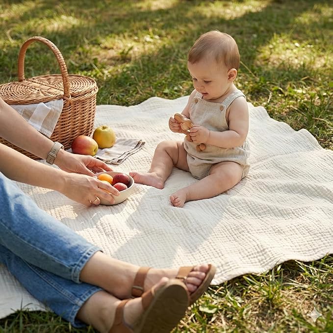 HB&Victory 4-Layer 100% Organic Cotton Muslin Baby Blanket, Ivory, 39x47 Inches (100x120 cm) ??Soft, Breathable, Hypoallergenic Swaddle for Newborns & Toddlers