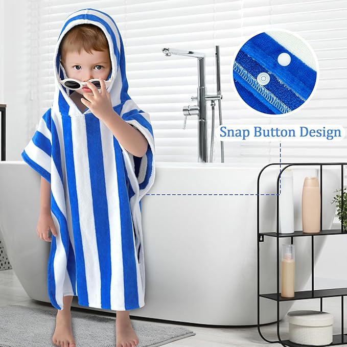 VOOVA & MOVAS Toddler Poncho Towels with Hood, Oversized (2-4Years,22"X22") Made from 100% Soft Cotton,Absorbent Hooded Towels for Baby Boys,Perfect for Pool | Swimming | Bath | Beach,Blue Stripe