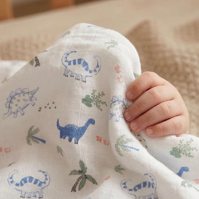 GLLQUEN BABY Receiving Blanket Boy Cotton Muslin Swaddle Blankets Girl Newborn Squares Breathable & Soft Thin Baby Blankets Cloths Double Absorbent Infant Swaddling Wrap - 6 Pack (Dinosaur)