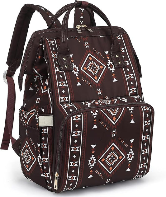 Boho Diaper Bag Backpack for Mom Dad, Multifunctional Bohemia Baby Nappy Backpack with Stroller Straps Insulated Pockets (Coffee)