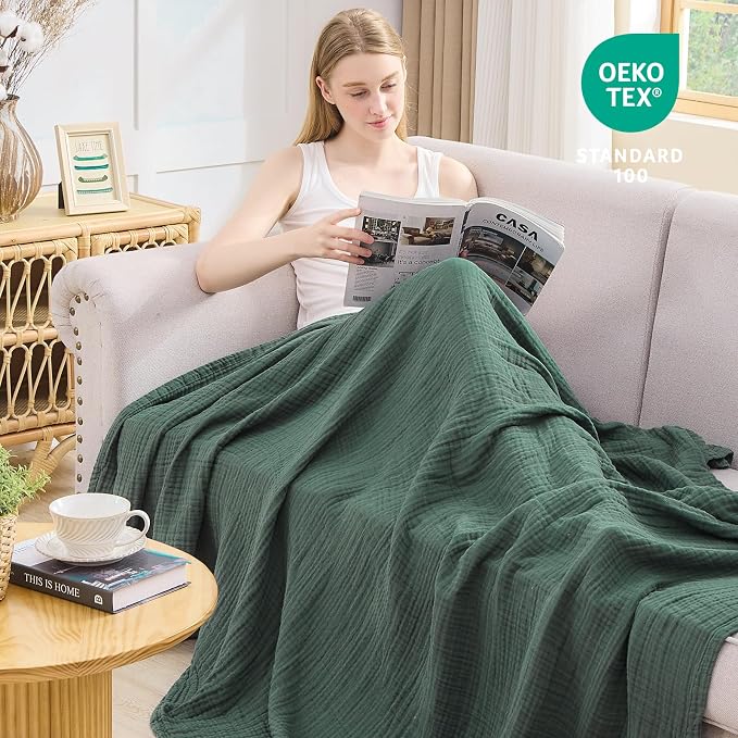 EMME Cotton Muslin Large Throw Blanket Couch Breathable Gauze Blanket Soft Lightweight Bed Blankets Adults (Forest Green, 50"x71")