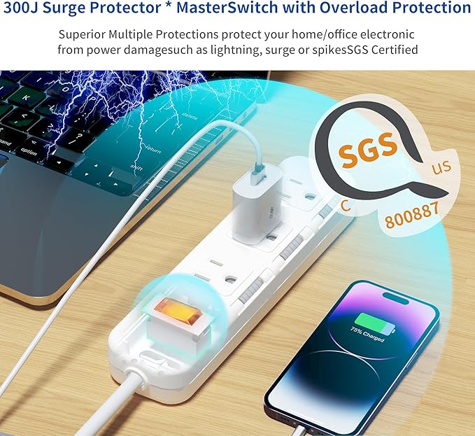 Flat Plug Power Strip Surge Protector 3 Outlets, Extension Cord 3 ft 3 Prong, 300J, 10A/1250W, Overload Protection Switch, Plug Strip for Home Office, Child Safety Slide Outlet Covers, SGS Approved
