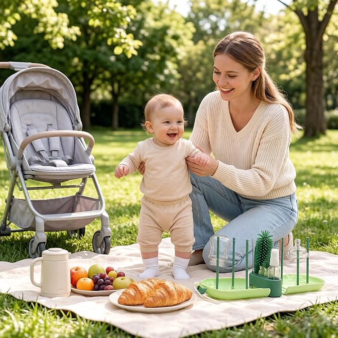 Travel Baby Bottle Brush Kit with Case, 6-in-1 Portable Bottle Cleaning Set for Baby Bottles, Nipples, Straws and Breast Pump Parts, Includes Drying Rack and Soap Dispenser, Green