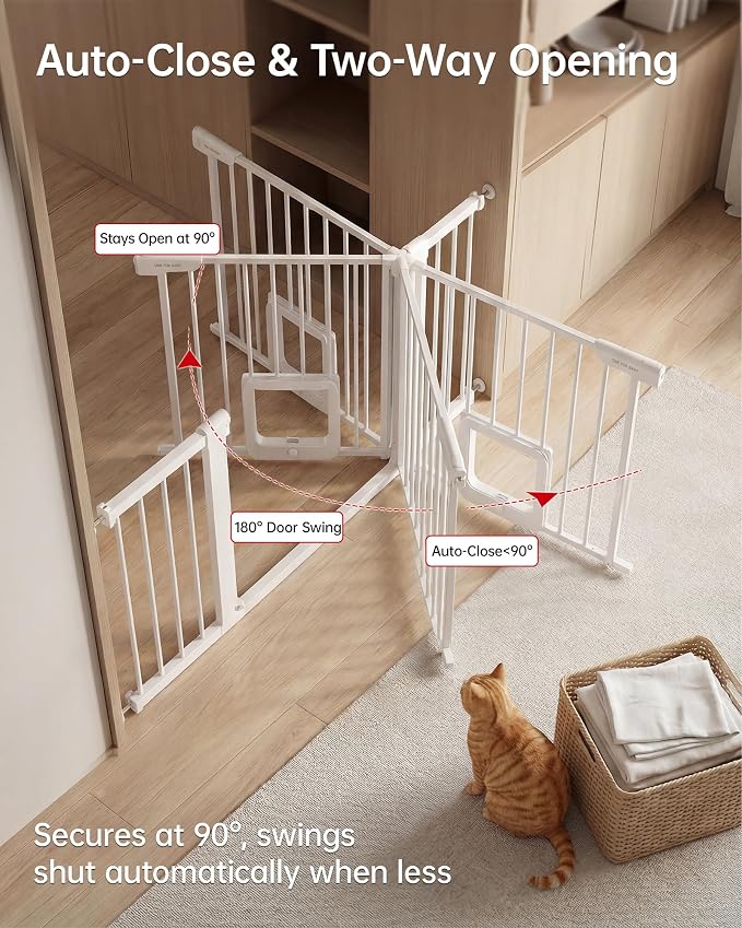 Baby Gate with Cat Door, 29.92-48 ” Wide Baby Gate for Stairs, Pressure Mounted Gate No Drill, Auto Close Dog Gate for Doorways, Easy Walk Through Safety Gates with Pet Door, Indoor, White