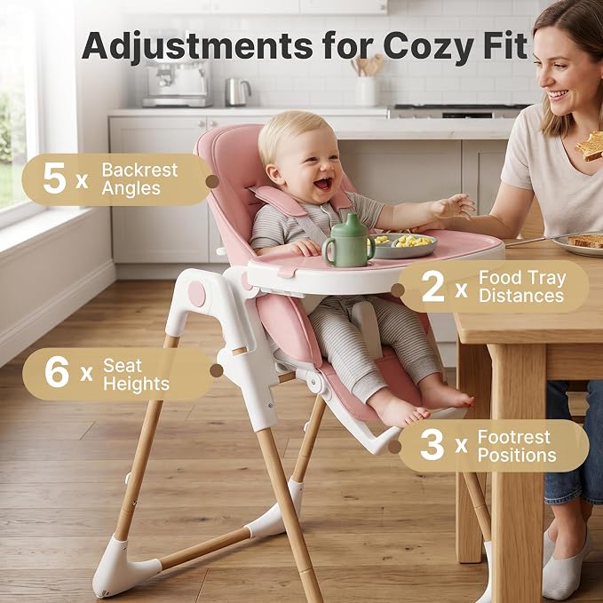 Baby High Chair, Convertible Folding Highchair with Dishwasher-Safe Tray, Adjustable Heights, 5-Point Harness, Portable Dining High Chairs for Babies and Toddlers (Wood Grain+Blush Pink)