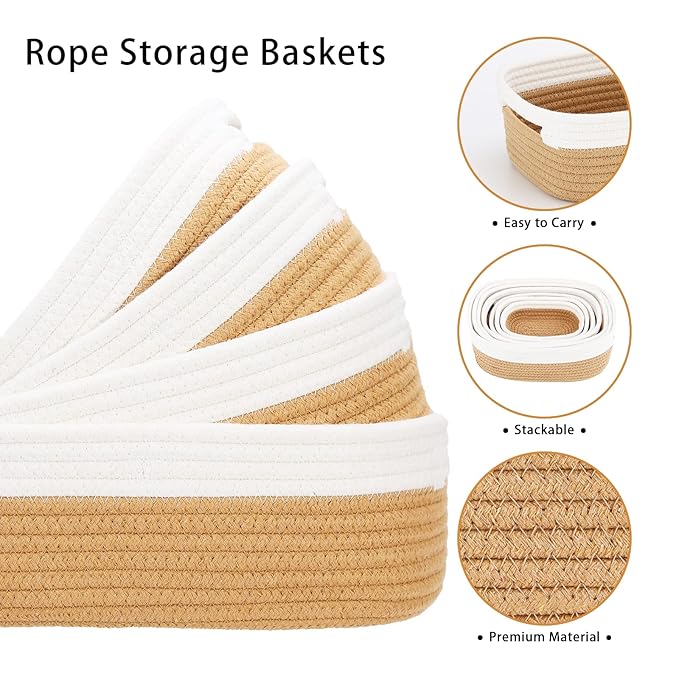 7 Piece Cotton Rope Woven Basket Set - Small Basket for Baby Nursery, Pets, Montessori, Dog & Cat Toy Boxes, Bathroom Organization Bins (White/Jute)