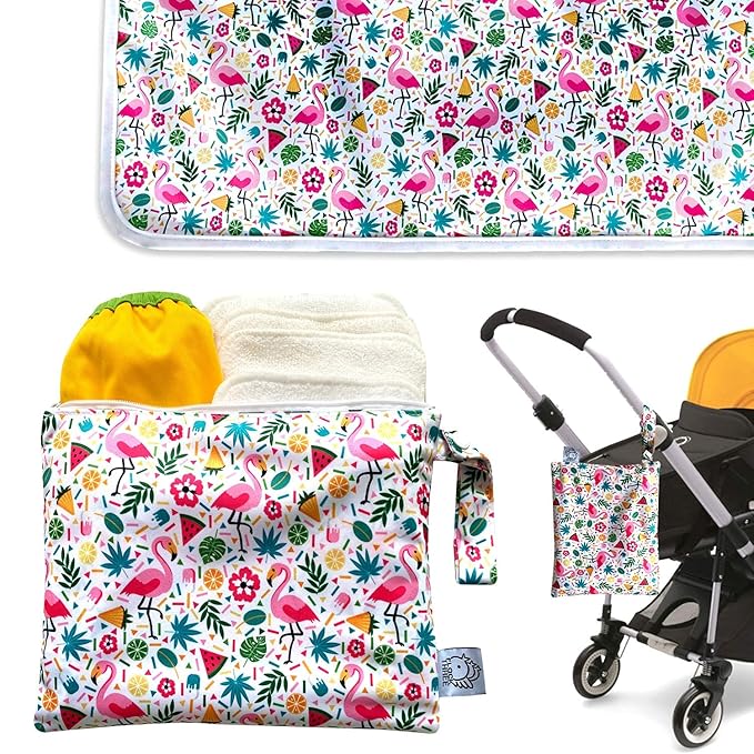 Flockthree Waterproof Baby Diaper Changing Pad with Storage Bag (28.7" X 19.7") Washable Wipeable Reusable Leak Proof Diaper Travel Mat Station Changing Mattress Liner Cribs Bed Cover, Flamingos