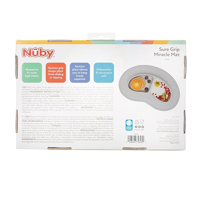 Nuby Sure Grip Miracle Mat 2-Section Plate - Toddler Suction Plate - 6+ Months - Gray