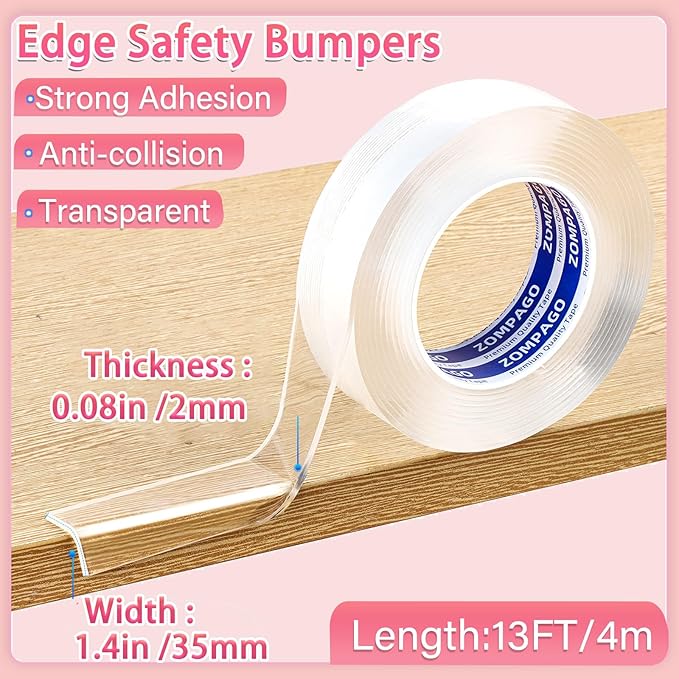 ZOMPAGO Clear Soft Corner Protectors for Furniture Strip,1.4in (W) x 13FT(L),Sharp Edge & Table Bumper,Window Edge,Wall Protector, Soft Corner Guards Safe for Proof,Table Corner Protectors in Family