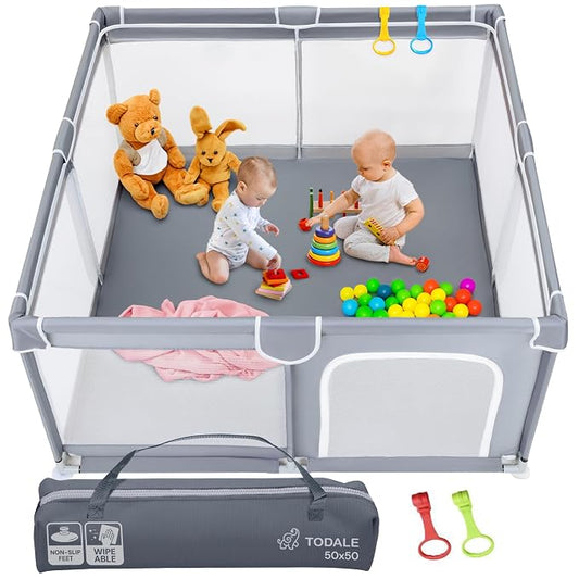 Todale Baby Playpen - 50 x 50 x 27 in Grey Pack of 1 - Effortless Setup & Travel Crib for Baby - Ventilated Panels & Play Pen for Babies 6-12 Months - Foldable Play Pen for Toddlers 1-3