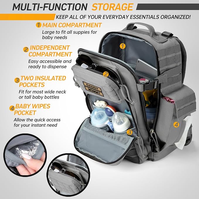 SHARKMOUTH Baby Diaper Bag for Dad - Large Military Daddy Gear Backpack with Changing Pad for Travel Camping Hiking - Newborn Baby Shower Gifts Gray