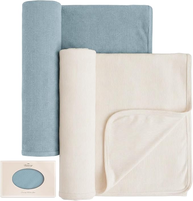 Konssy Knit Baby Blanket 2 Pack, Soft Ribbed Swaddle Receiving Blankets for Boys & Girls, Lightweight Cozy Swaddling Wrap for Newborns, Infants, & Toddlers, 33x42 Inch (Blue, Beige)