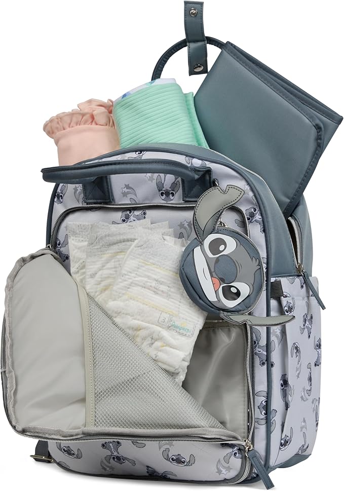 Disney Diaper Bag Backpack with Changing Pad Stich ??16??Nylon Baby Bag for Parents, Insulated Bottle Holders, Multiple Storage Pockets
