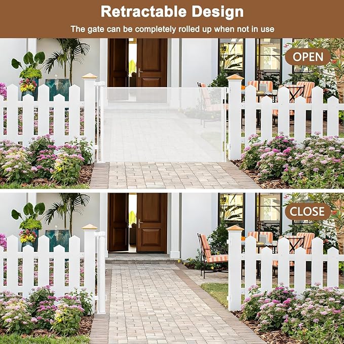 Weatherproof Outdoor Retractable Gate for Dogs with No Rust Screws and Rods, 72" Wide Waterproof Outdoor Dog gate, 6 ft Scratch-Resistant Mesh Safety Retractable Baby Gates for Parents and Pet Owners