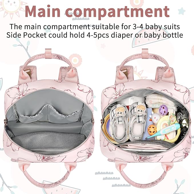 Diaper Bag Backpack, Baby Girl Diaper Bag for Mom, Large Pink Floral Diaper Bag Backpack for Girls, Waterproof Mom Backpack for Work Travel Holiday with Insulated Pockets and Stroller Straps