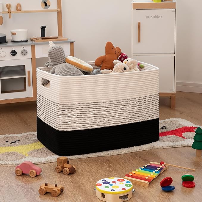 OIAHOMY 108L Large Cotton Rope Basket, Rectangle Woven Baskets for Storage, Nursery Blanket Storage Living Room, Toy Basket With Handle-25?�x16?�x16??Gradient Black