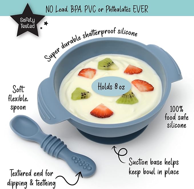 PrimaStella Unbreakable Silicone Non-Slip Bowl and Chew Spoon Set for Babies and Toddlers (Slate Blue)