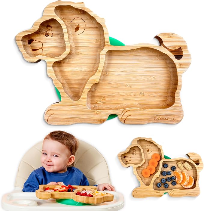 Bamboo Divided Suction Plates for Baby - Strong Suction Plates for Toddlers - Non-toxic All Natural Eco Friendly Materials - Lion