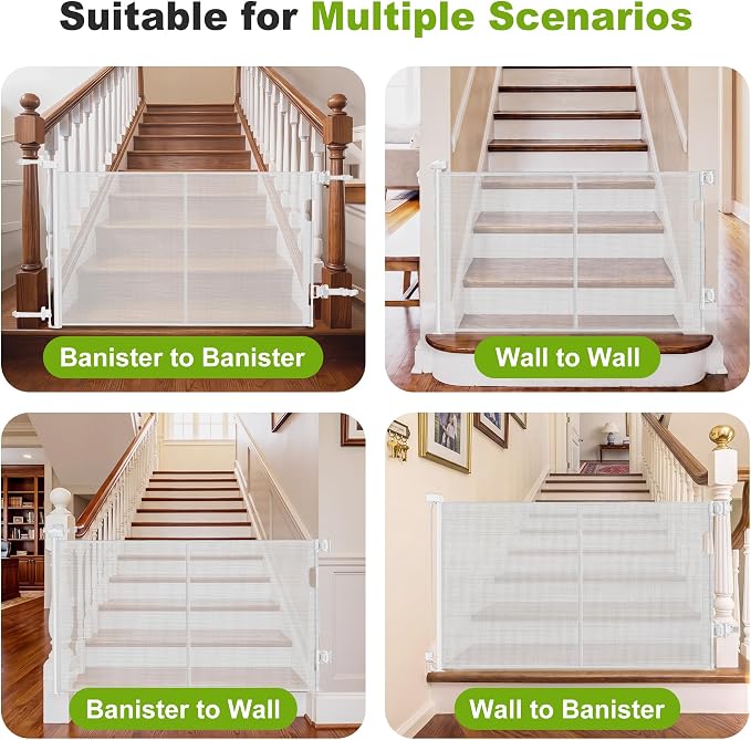 Reinforced Retractable Baby Gate for Stairs & Banister, 55" Wide Mesh Dog Gate, One-Handed Dual Lock Safety Gate for Kids & Pets, Fits Round & Square Posts (White)