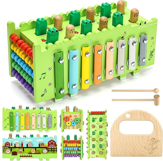Wooden Baby Activity Cube Montessori Toys for 12+ Months Boys Girls | Hammering Pounding Toys with Abacus, Educational Toddler Activities Toys with Xylophone (Crocodile)