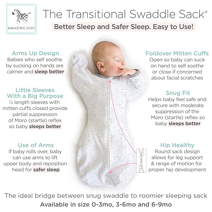 Amazing Baby Transitional Swaddle Sack, Arms Up Half-Length Sleeves & Mitten Cuffs, Swaddle for Newborn Transition to Baby Sleep Sack Wearable Blanket, Medium, 3-6 month, 14-21 lb, Sterling confetti
