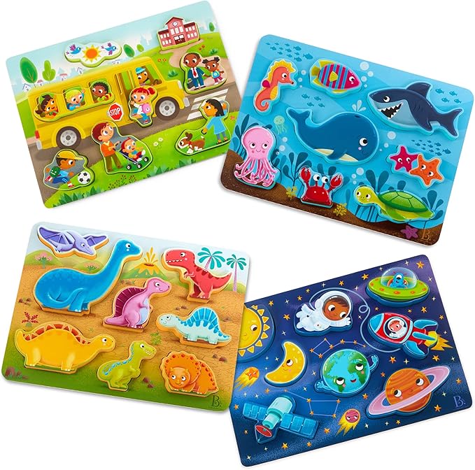 B. toys – Chunky Puzzle 4 Pack: Bus, Sea, Space, Dino – Wooden Puzzles with 8 Pieces Each – Educational Toys for Toddlers Develop Fine Motor Skills & Color Recognition – Fun Learning Activity 2+ Years