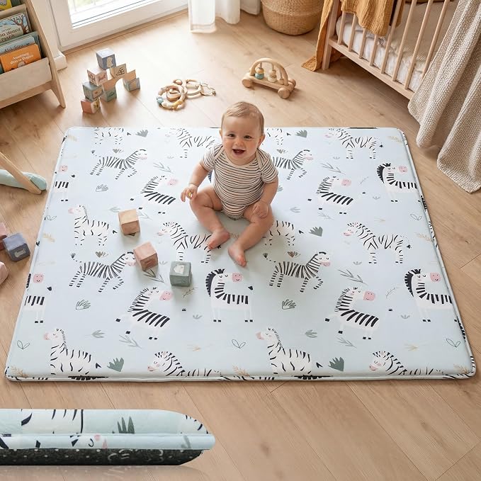 1.5" Thick Premium Baby Floor Play Mat, 71x79 Over-Sized Padded Memory Foam Mat, Tummy Time Crawling Playmat for Nursery Kids Playroom, Zebra