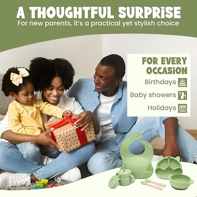 Baby Feeding Essentials, Baby Led Weaning Supplies, Silicone Baby Feeding Set, with Baby Spoon, Fork, Baby Bib, Sippy Cup, Suction Plate, Suction Bowl, Baby Eating Essentials, 6+ Months (Olive)