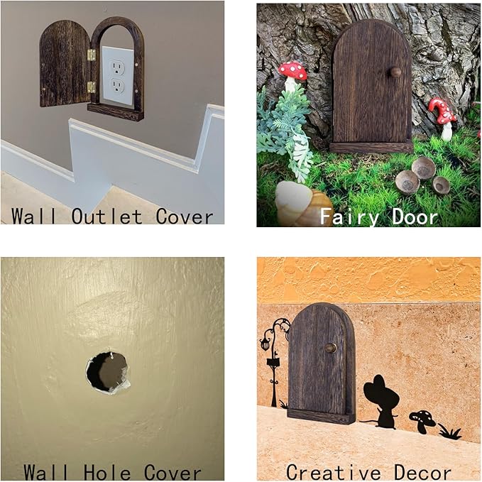 Self-Adhesive Outlet Cover ??A Creative Wooden Cover that Conceals Wall Plates??Switches?�Stains?�Wall holes and Protects Child ??Elf Door for Wall ??7.87 Inch Tall Fairy Door (Paulownia)