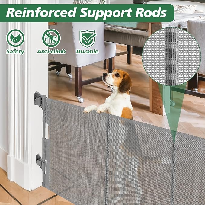 24" Tall X 80" Wide Retractable Baby Gates, Short Dog Gates to Step Over, Reinforced Mesh Pet Gate with Support Rods, Small Puppy Gates for The House, Gray