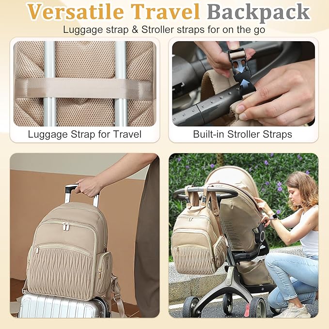 Miss Fong Diaper Bag Backpack - Quilted Travel Baby Bag with Changing Pad, 16 Pockets, Waterproof, Large Capacity - Mommy Backpack for Baby Shower Gifts (Khaki)