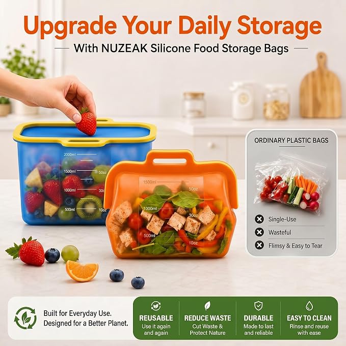 Reusable Silicone Food Storage Bags, Magnetic Seal Reusable Storage Bags, Stand Up Silicone Freezer Bags for Food, Fruit, Snack, Sandwich, Meal Prep, Dishwasher Safe, 50oz, 1 Pack