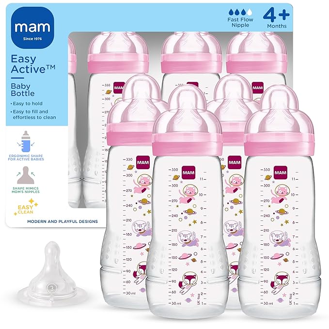 MAM Easy Active Baby Bottle 4 Pack, 11oz, BPA Free, Fast Flow Silicone Nipple, Anti-Slip Grip, Leak-Proof, 4+ Months, Purple Iris