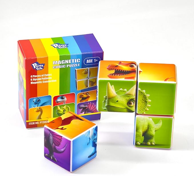 Pairez Toys Magnetic Blocks for Toddlers, Dinosaur Toys Puzzle Cubes for Kids, Sensory Toys for Kids Ages 1-3 Year Old Boys & Girls, 6 Dinosaur Building Ideas
