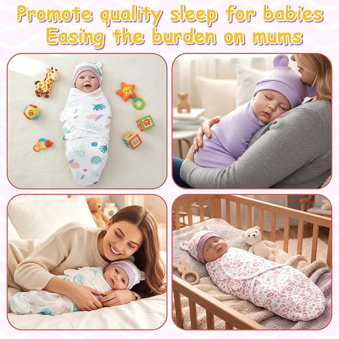 Ramede 6 Pack Swaddle Blanket with Hats for Baby Girl Boy 100% Cotton Swaddles 0-3 Months, Adjustable Breathable Skin Friendly Receiving Blanket Wrap, Essential for Newborns(Tree,Purple)