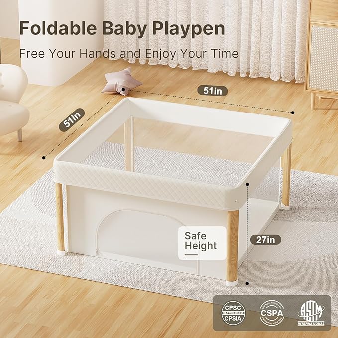 Foldable Baby Playpen, 51x51 Foldable Play Pen for Babies and Toddlers, Portable Playpen Indoor Outdoor, Kids Safety Area Travel Play Yard with Storage Bag White