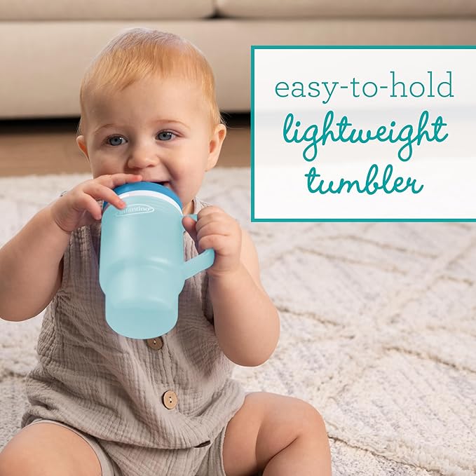 Infantino My 1st Tumbler, 10 Oz. Durable Plastic Sippy Cup with Straw & Handle, Spill-Resistant, for On-The-Go, BPA-Free Transition Baby Cup, Moody Blue