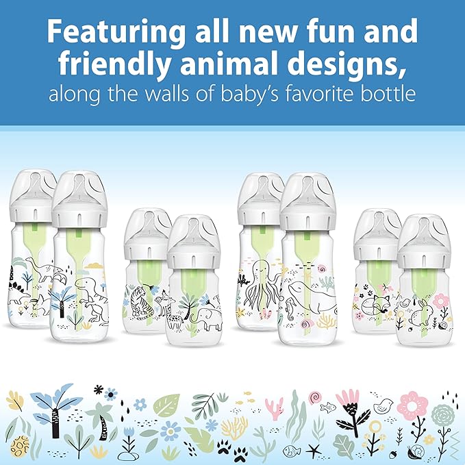 Dr. Brown's Anti-Colic Options+ Wide-Neck Baby Bottle Designer Edition Bottles, Ocean Decos, 9 oz/270 mL, Level 1 Nipple, 0m+, 2-Pack