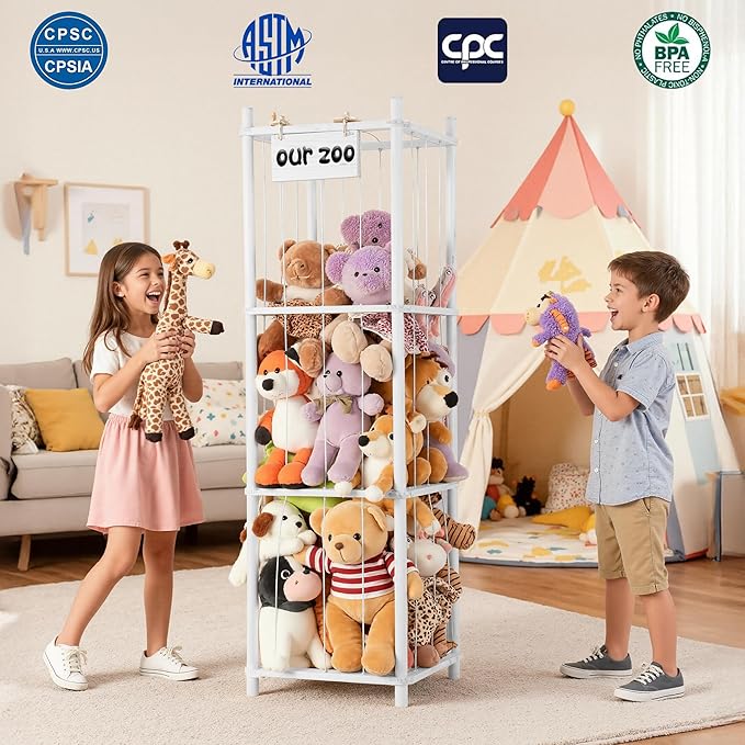 LAMU Stuffed Animal Storage, Wooden Zoo Stuffed Animal Holder with Elastic Cords, Space Save Toy Organizer, Extra Large Capacit Stuffed Animal Organizer for Playroom, Bedroom, Nursery, White