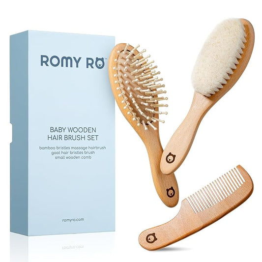 Wooden Hair Brush Set - Premium Baby Comb and Brush - Soft Natural Bristles - Organic Products - Perfect Registry Gift - Cradle Cap Brush for Newborns & Toddlers