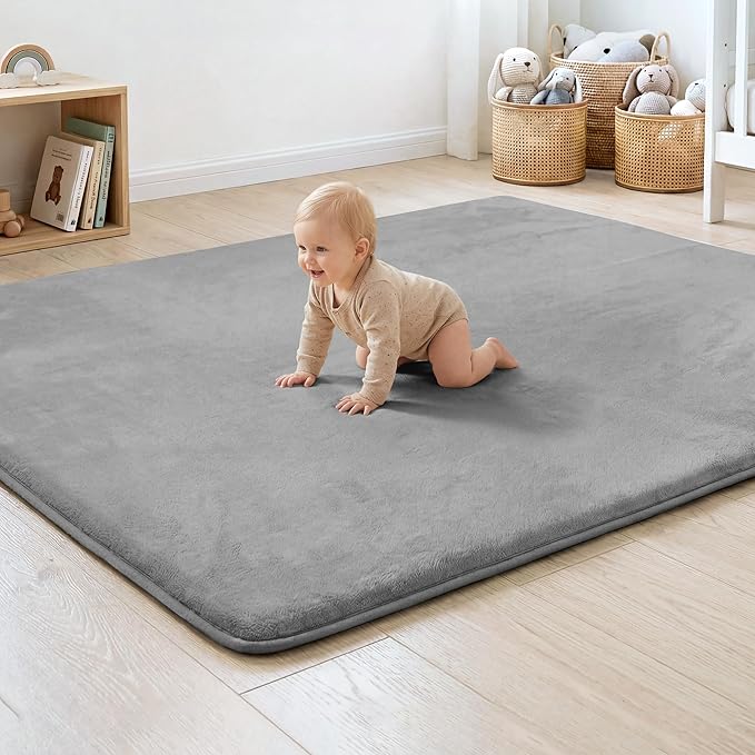 1.3" Thick Baby Floor Play Mat 59x71, Basic Padded Foam Mat for Tummy Time Crawling, Non Slip Cushioned for Babies Toddlers Infants Kids (Light Grey)