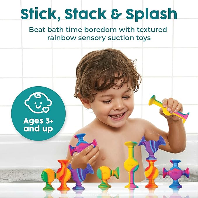 BUNMO Rainbow Textured Suction Toys ??10 Pack | Bath Toys and Suction Toys | Silicone Kids Bath Toys for Kids Ages 3+ | Bathtub Toys, Shower Toys & Travel | BPA-Free