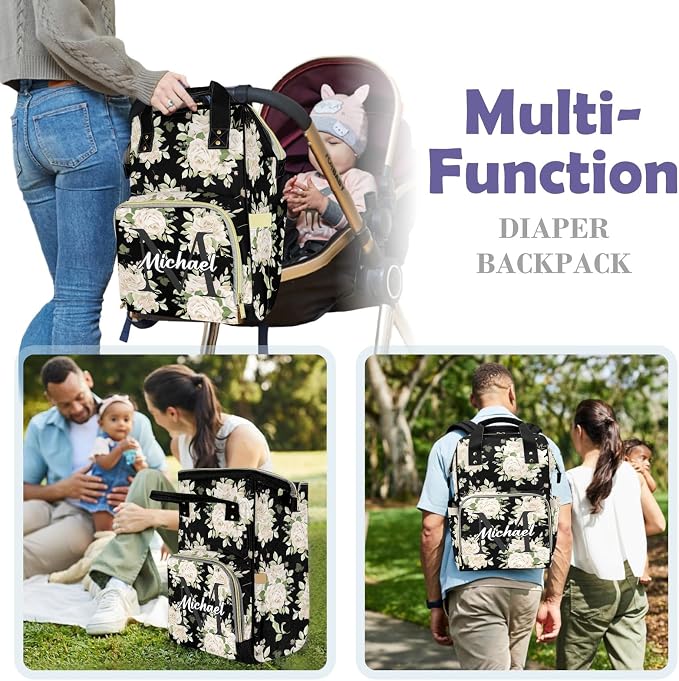 Custom Diaper Change Backpack, Large Capacity Floral Baby Bag, Personalized Multifunction Mommy Backpack With Insulated Pockets, For Boys & Girls