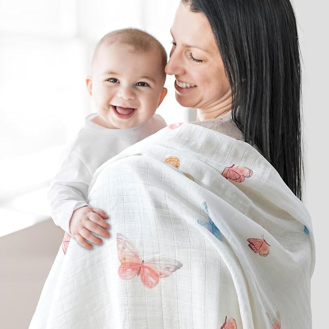 2-Pack Muslin Swaddle Blankets 47x47-100% Cotton Breathable Receiving Blankets for Newborn Baby, Soft Swaddling Wraps, Sunny Flutter & Bloom