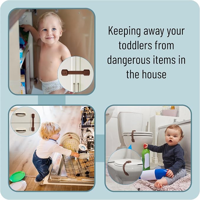 Bates- Child Safety Strap Locks, 12 Pack, Brown, Child Locks for Cabinets and Drawers