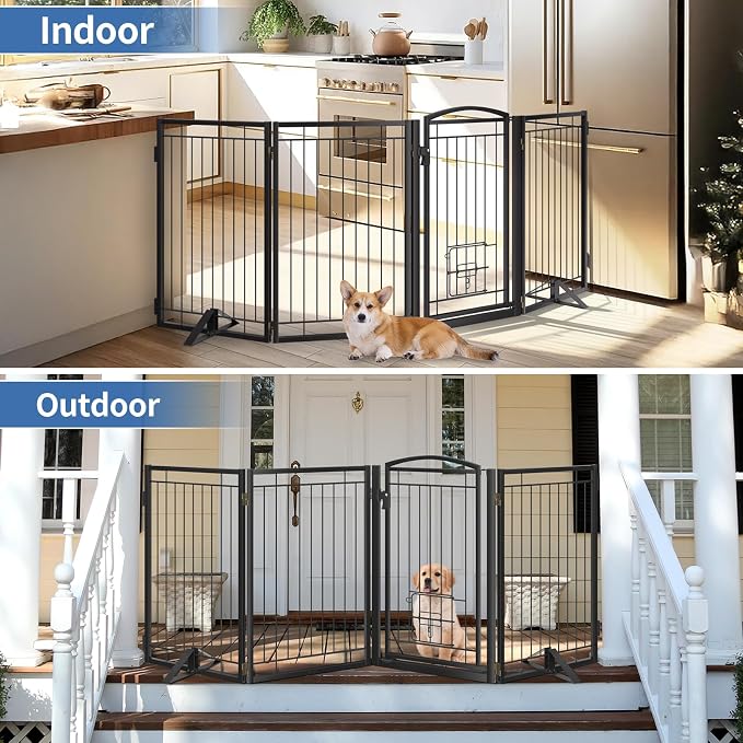 Full Metal Freestanding Dog Gate with Cat Door for Indoor & Outdoor,32" Tall Foldable Dog Fence,80" Extra Wide Free Standing Pet Gate for Large Openings,Stairs,Deck,Yard,Doorways(4 Panels,Black)