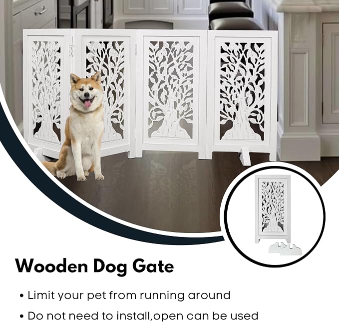 Decorative Wooden Dog Gate, 4 Panel Free Standing Folding Pet Fence, 56x28 Inch Indoor Dog Barrier for Doorway or Hallway, Sadie Design, White Antique