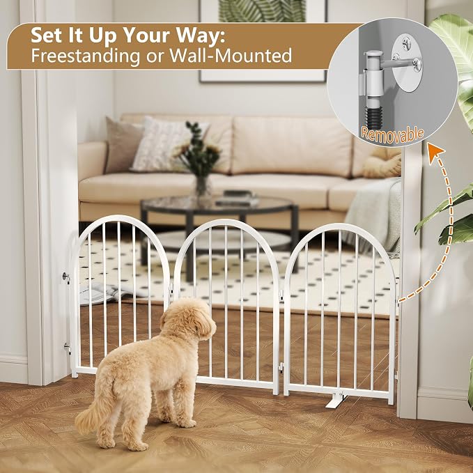 PUPETPO Full Metal Dog Gate for Indoor Outdoor, 24" Tall Free Standing Pet Dog Fence, 54" Wide Arched Pet Gates for Stairs, Hallways, Doorways, Kitchen, Decks, Yards (White, 3 Panels)